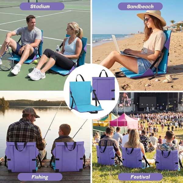 2-pack Stadium Seats with Backrest, Foldable Bleacher Chairs with Cushion and Adjustable Strap, Lightweight Folding Seat Blue and Purple