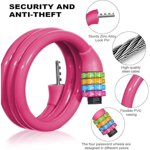 Cykellås, 4-cifret kode cykellås, 65 cm bærbar tyverisikret cykelkode lås, nulstillelige kombinationer 4 cifre koder lås (Pink) Pink