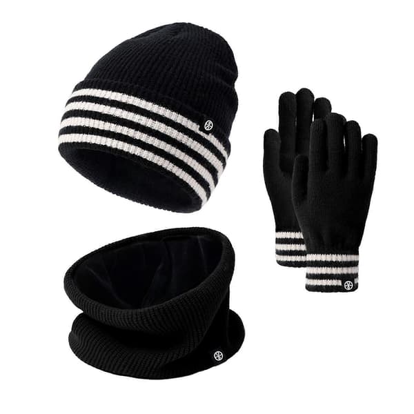 3 st/set Vintermössa Halsduk Handskar Set Randigt Tryck Förtjockat Sammetsfoder Vindtät Varm Mössa Halsduk Pekskärmshandskar Set Black