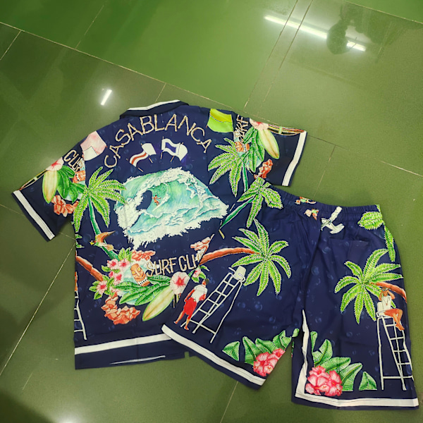 Casablanca Hawaiisk Strand Blomster Skjorte Sæt Kokos Print Kortærmet Shorts til Mænd og Kvinder Top T-Shirts Tees Auburn M