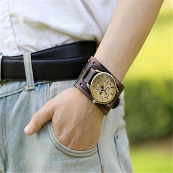 Stil Retro Punk Rock Brun Stor Bred Läderarmbands Manschett Herrklocka Cool BN