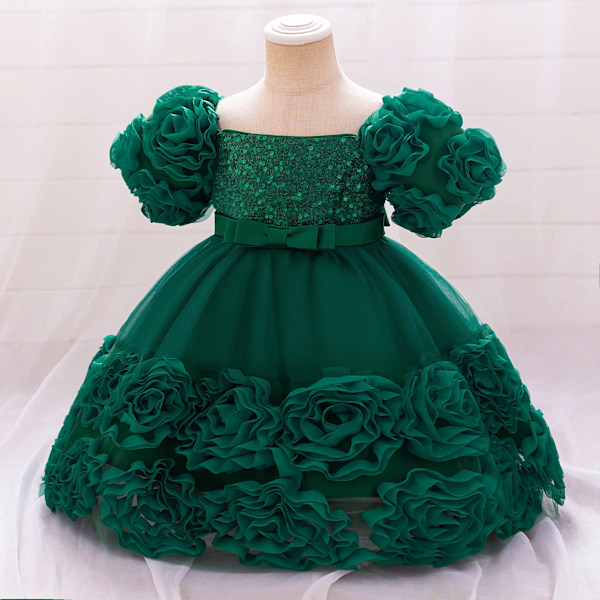 Julekjole med pailletter til piger, prinsesse-fluffy slør, børnefødselsdagskjole, småbørns blomsterbryllupskjole, optrædensskostume L2283A-Dark Green 140cm 7-8Y