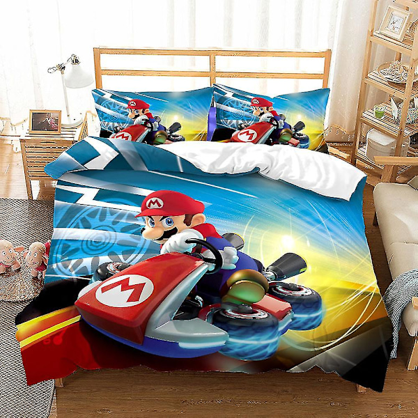 Mario Racing 3D-tryckt Barnbäddset Täcke Sängöverkast Kuddfodral Singel AU single 140x210cm