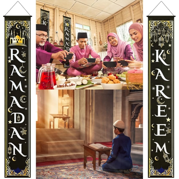 Islamilaiset Ramadan-bannerikoristeet riippuvat muslimipariskunta ovelle Eid Mubarakin juhlasisustus