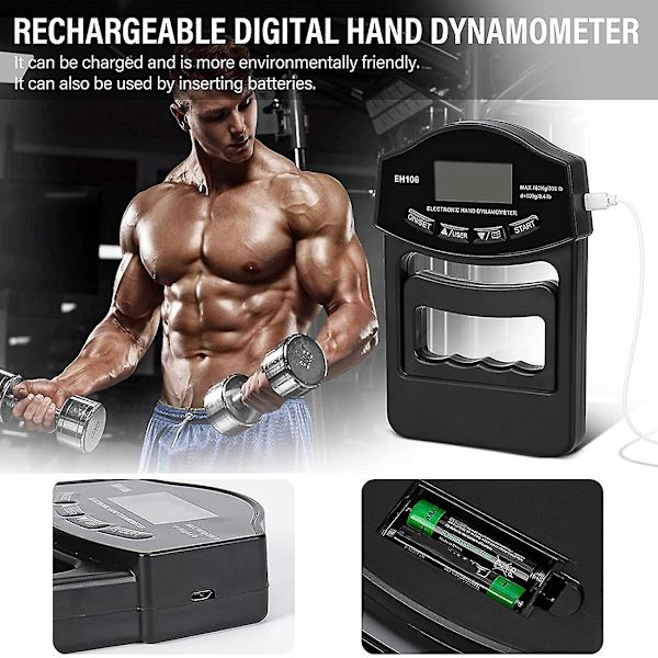 Grip Strength Tester, 396lbs/180kg Digital Hand Dynamometer Grip Strength Meter USB LCD-skärm Hand black