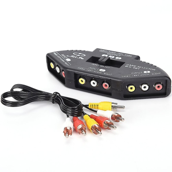 Svart 3 Port Av Composite Rca Väljarbox Switch Splitter Med Kabelsladd Plugg