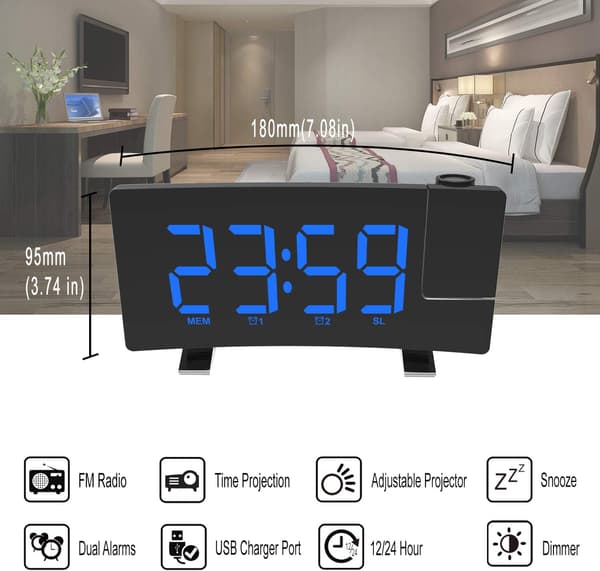Projection Clock Radio, 180° Ceiling Projection Alarm Clock