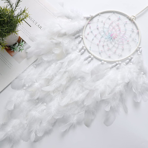LED Drømmekatcher til Børn Væghængning Hvid Fjer Drømmekatcher med Lysperler Boho Dekoration Vævet Kunst Ornament Håndlavet Gave til Børneværelse