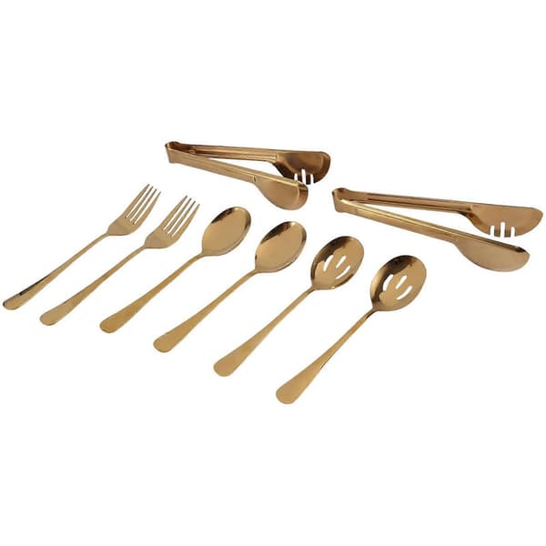 Serveringsbestik i rustfrit stål, stor serveringsske, sæt til køkken (Guld, 8 dele)