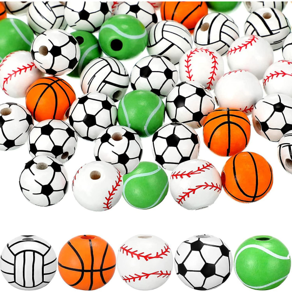 100 stykker Sportsperler Sportsbold Træperler Fodbold Fodbold Basketball Baseball Volleyball Tennisperler 5 Style Sports Træperler