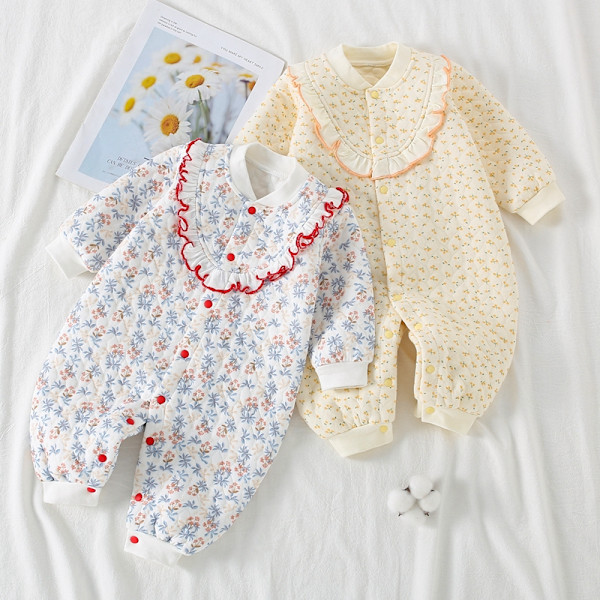 Blommig Newborn Romper Mjuk Bomulls Babyflicka Bodysuit Varma Bebiskläder Flickkläder Set 0-18M Höst Vinter Ny Yellow EU: 9-12m