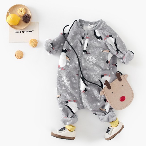 Sanlutoz Babypojkar Långärmad Dragkedja Varma Vinterkläder Jumpsuit Fleece Tryck Koreansk Stil BRW3006-GY 18-24M