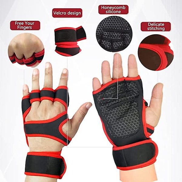 1 par ventilerade gymhandskar för män med inbyggt handledsstöd för träning Tyngdlyftningshandskar Träningshandskar för kvinnor Red XL