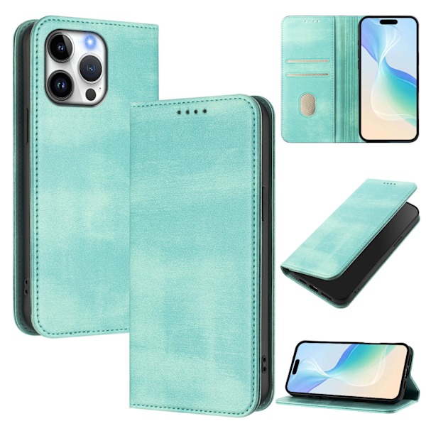 Lämplig för iPhone 15 Pro Max läderfodral retro läder kortplånbok magnetisk sug skyddande skal enfärgad Mint Green