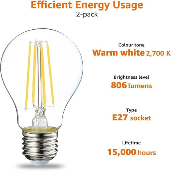 2-pack LED-lampor Edison Skruvsockel E27 8W 60W Ekvivalent Klar Filament Ej Dimbar Varmvit