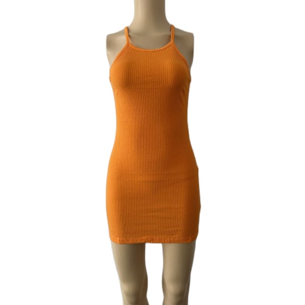 Kvinners ermeløs elastisk ribbet ensfarget minikjole Sexy fest O-hals camisole kjole 2023 sommer sheath clubwear tank kjole naranja S