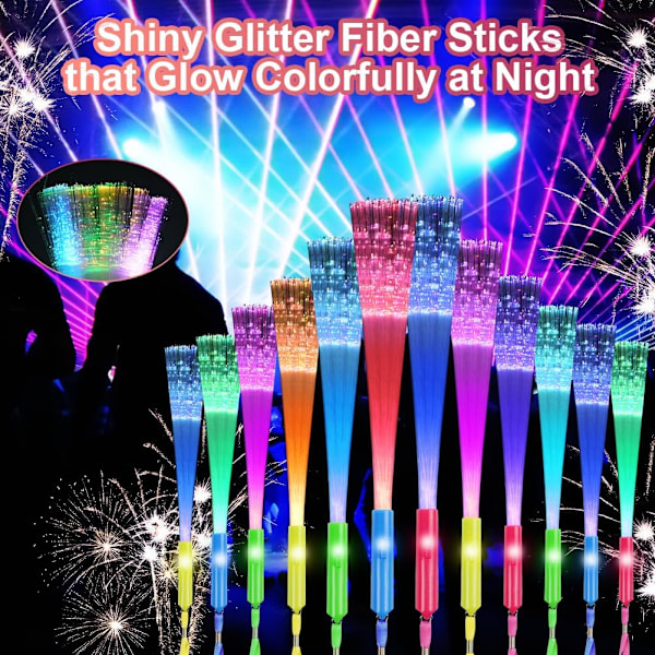 12 stk fiberoptiske tryllestaver for barn, 7 blinkende farger LED Glow Sticks Party Pack, 3 moduser lyser opp fiberoptiske blinkende tryllestaver