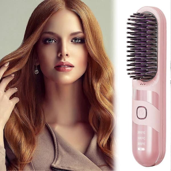Trådlös bärbar plattborste uppladdningsbar 2-i-1 stylingverktyg för snabba touch-ups, hög volym, resevänlig pink
