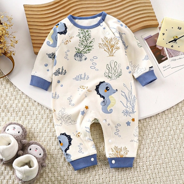 Høst baby jumpsuit for menn og kvinner, langarmet romper i ren bomull med tegneseriemotiv azul claro 59cm