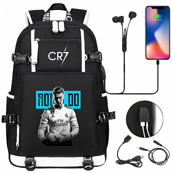 CR7 Fotboll Ryggsäck USB Laddning Ronaldo Skolväska Reselapptoppväska för Tonåringar Studenter
