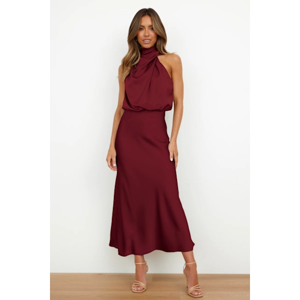 Elegante Sommerbryllupskjole til Kvinder - Ærmeløs Halter Satin Lang Aftenkjole rojo sandía XL