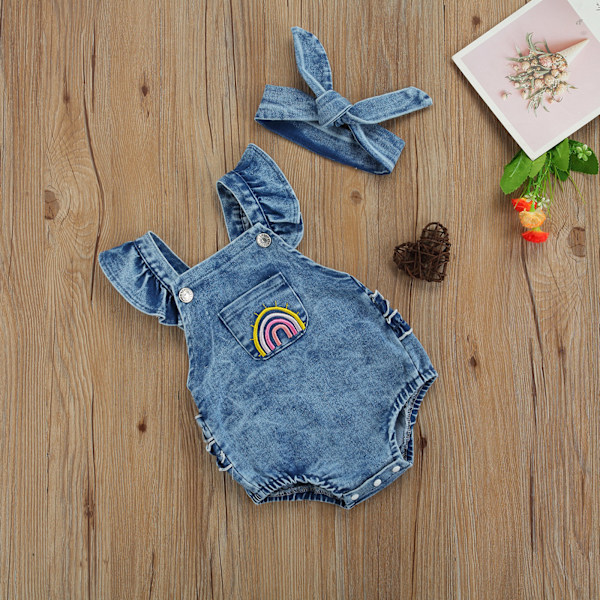 ma&baby Baby Flickor Denim Romper med Regnbågsdesign för Sommar, Lekkläder och Armband, Yttermaterial i Polyester, Tillverkad i Kina Azul 0-3Months