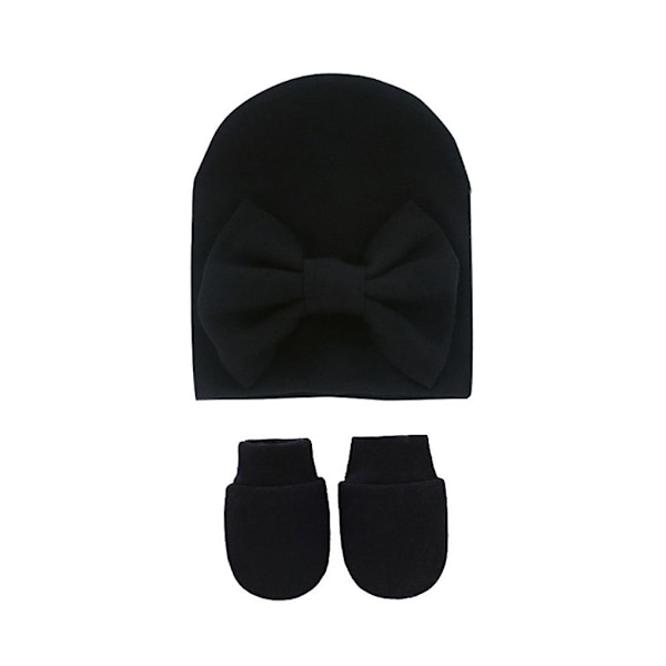 2 stk Baby Anti Scratching Hansker Sløyfe Hett Sett Spedbarn Votter Beanies Cap Black