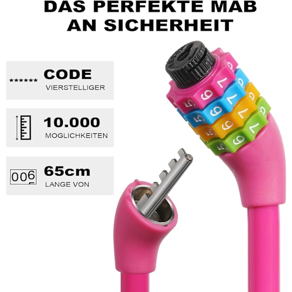 Cykellås, 4-cifret kode cykellås, 65 cm bærbar tyverisikret cykelkode lås, nulstillelige kombinationer 4 cifre koder lås (Pink) Pink