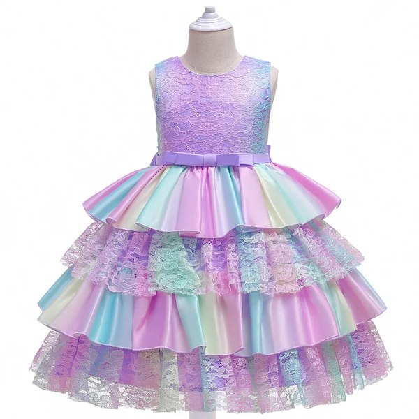Babyflicka prinsessa spets tutu klänning mesh randig festklänning jul födelsedag halloween kostym babykläder 3-12 år L5260-Pink 140cm 7-8yrs