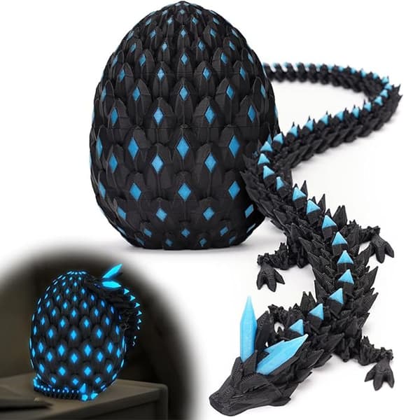 3D-printet leketøy krystalldragon-egg med artikulerte ledd og selvlysende design