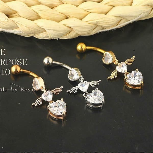 14G Hjerte Dingle Navlepiercinger for Kvinner 316L Rustfritt Stål Englevinger Navlering Navle Barbell Studs Dinglende Kroppspiercing