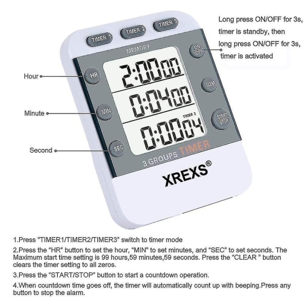 3 kanaler Telle opp/ned Koketimer Stoppeklokke Stort display Justerbart volum Alarm Minnetimer med magnetisk