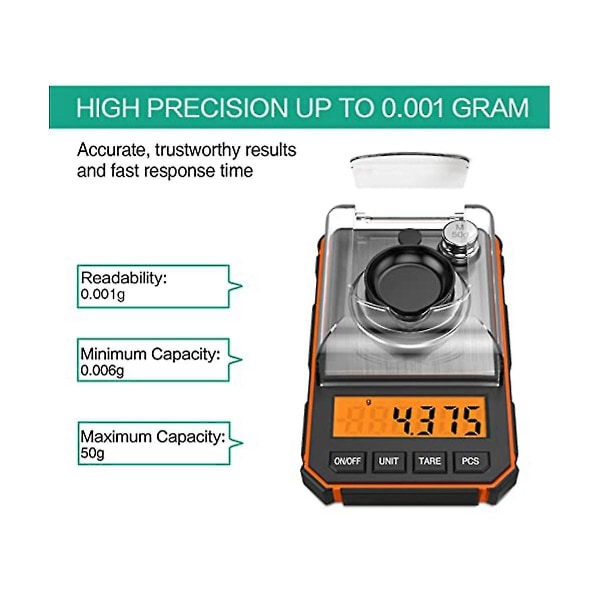 Fin skala 0,001 g, digital milligram skala 50 g / 0,001 g, digital lommeskala med LCD-skærm, laboratorium