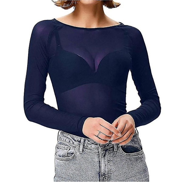 Jul Kvinnor Genomskinlig Långärmad Sömlös Armformare Topp Mesh Skjorta Blus Blue S