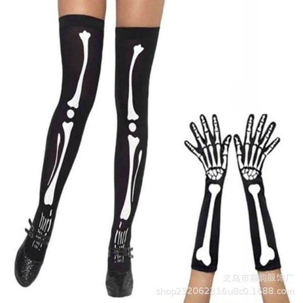 Halloween Bensaet Skelet Strømper Handsker One Size Strømper Variant A
