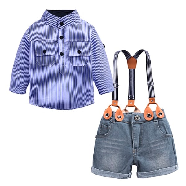 2023 Hot Sale Baby Drenge Blå Stribet Langærmet Skjorte Suspender Jeans Todelt Casual Suit 1 4-5T