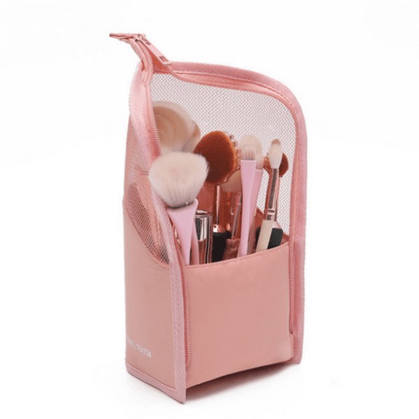 Makeup Brush Organizer Bag Holder Stand-up Makeup Cup Vanntett Støvtett kosmetisk børsteholder Veske med glidelås (rosa, uten børste)