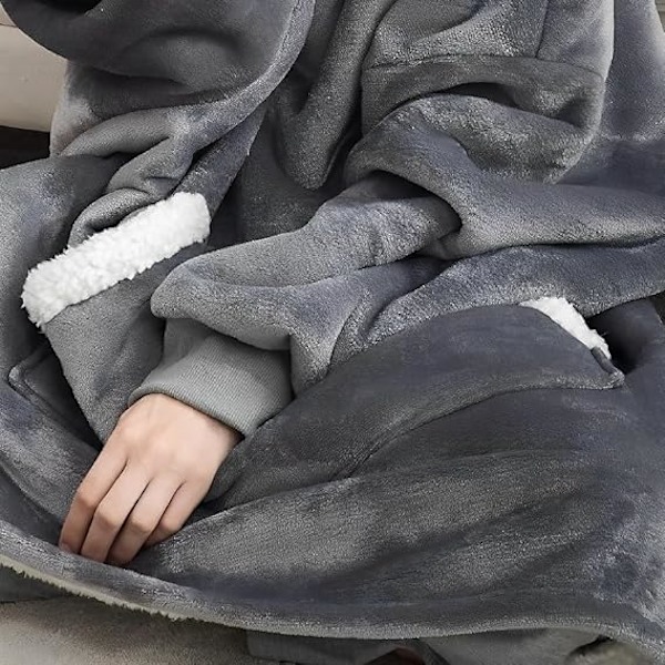 Pledd med vertikal lomme, lat pledd, flanell-kåpe-stil, varm, overdimensjonert hettegenser, én størrelse Gray