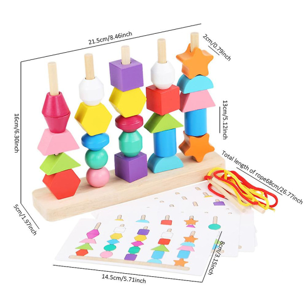 Træperler til baby-legetøjssæt, stabelblokke og snøreperler og matchende form Stablerstamme Førskole-læringslegetøj Gaver