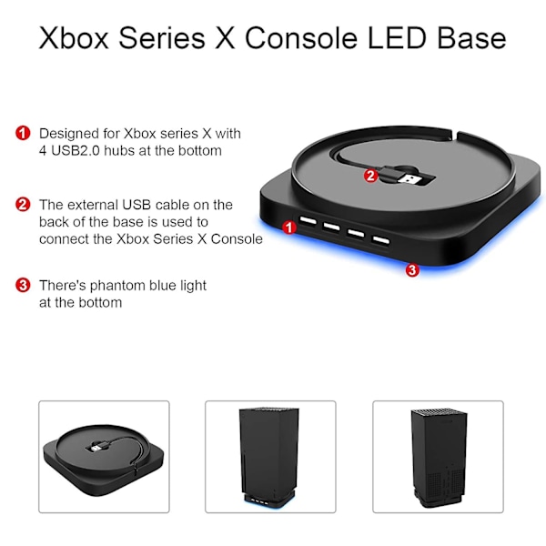 Xbox Series X -konsolin teline 4 portin USB 2.0 -keskittimellä, telakointiasema sinisellä valolla