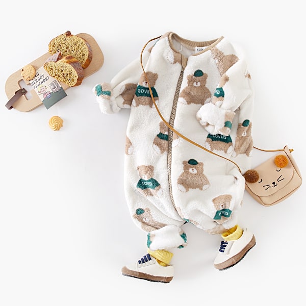 Sanlutoz Sød Bjørn Fleece Tyk Langærmet Onesies til Børn Koreansk Stil Lynlås Vinter Baby Onesies Tøj BRW3026-WH 18-24M