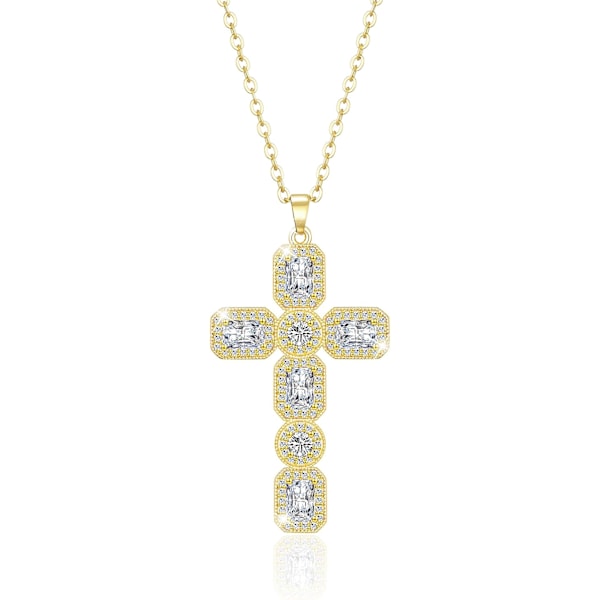 Cross Necklace for Women, Gold/Silver Jewelry Cross Charm Chain Necklaces, Moissanite Crystal Birthstone Cubic Zirconia Rhinestone Necklace