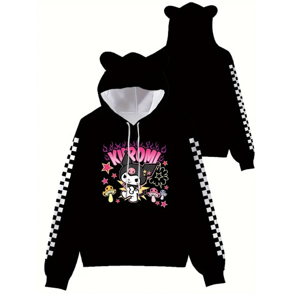 Hettegenser med tegneseriemotiv, avslappet strikket stoff, med lommer, langærmet hettegenser for voksne, egnet for gaver og samlinger D black XL