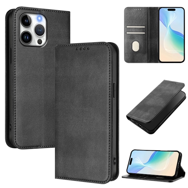 Lämplig för iPhone 15 Pro Max läderfodral retro läder kortplånbok magnetisk sug skyddande skal enfärgad black