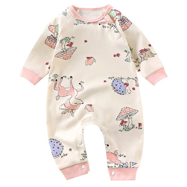 Efterårs baby jumpsuit til mænd og kvinder, langærmet romper i ren bomuld med tegneseriemotiv rosa 90cm