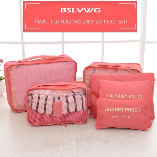 6 STK Reisepakkekubersett for klær Reisebagasjeoppbevaringsposer Vanntette nylonbagasjeoppbevaringsposer (rosa)