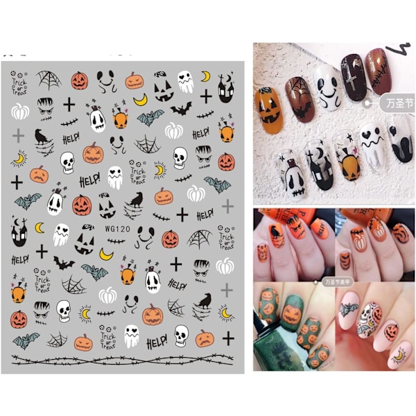 8 ark Halloween neglekunst klistremerker klistremer selvklebende søte spøkelser gresskar hodeskalle edderkoppnett negletilbehør neglekunstdesign dekorasjonstilbehør