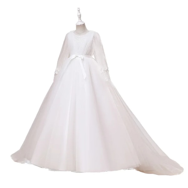 Hvit brudepikekjole for jenter med blonder og sløyfe - Pageant, fest, bryllup, lang erme, prom, prinsessekjole LP-313-White 150cm-12-13Y