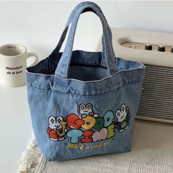 Kids Denim Lunch Bag Children Funny Design Thermal Insulated Suitable Size Durable Internal Pockets Easy to Clean