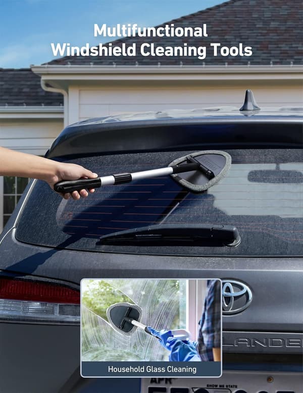 Windshield Cleaning Tool, Car Interior Detailing Cleaning Kit with Extendable Handle and 4 Reusable Microfiber Pads, Gray Grey